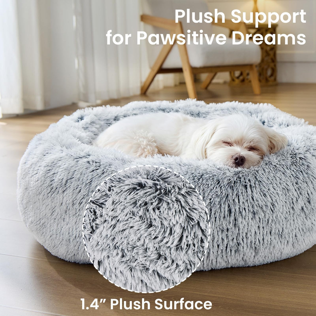JOLLYVOGUE Small Dog Bed, Calming Dog Beds for Small Dogs & Indoor Cats - 20 Inches Donut Washable Cat Bed for Kittens & Puppies, Round Fluffy Plush Faux Fur Pet Beds(Smoke Grey)