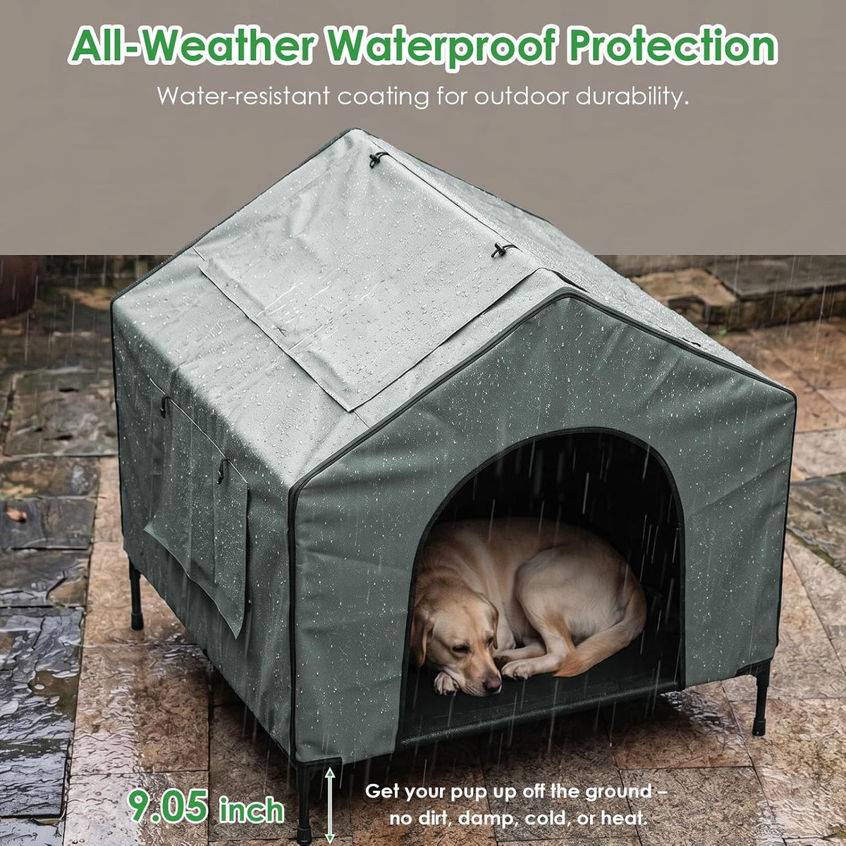 XPIY 3-in-1 Extra Large Dog House Outdoor, 43" Elevated Dog Bed with Canopy