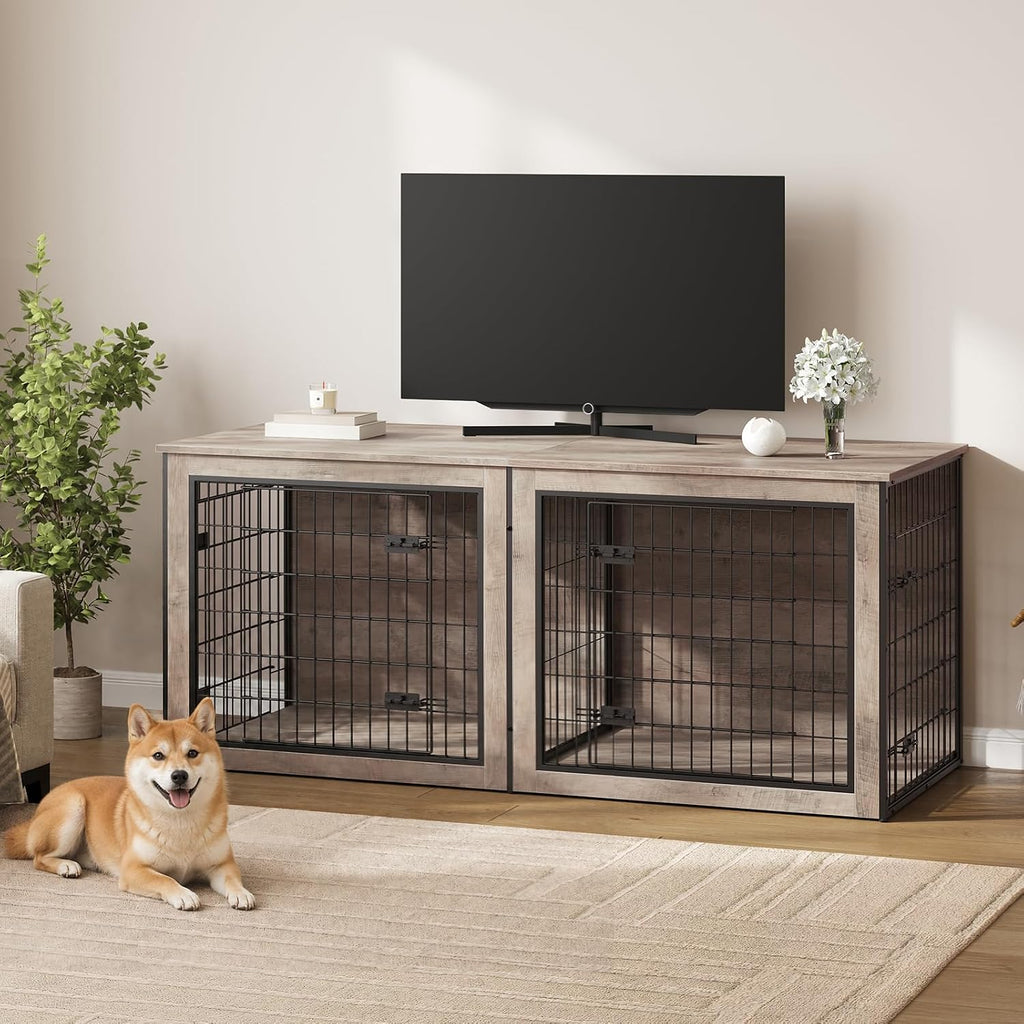 HOOBRO Dog Crate Furniture for 2 Dogs, 63" Large Double Dog Crate Furniture with Divider, Wooden Indoor Kennel TV Stand 