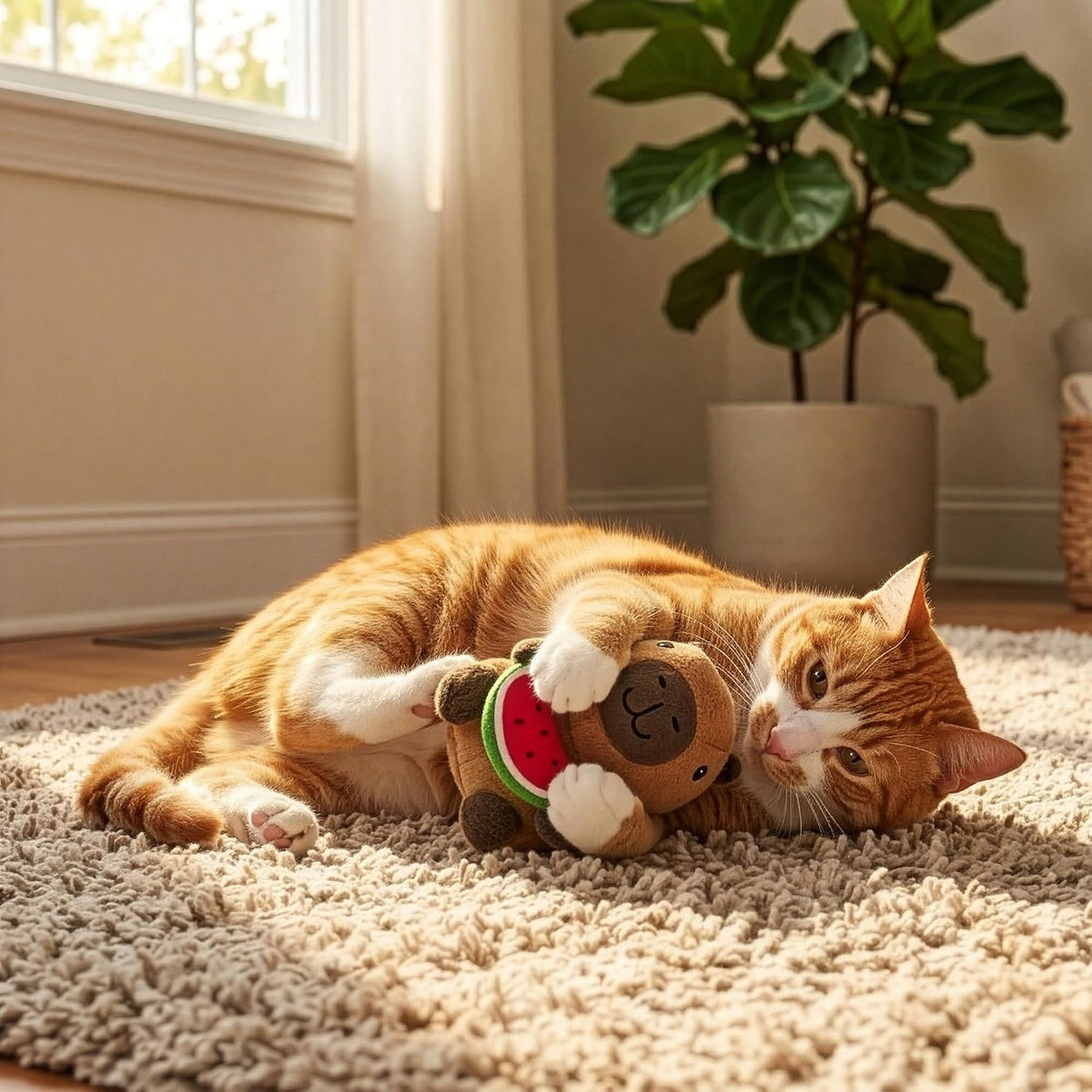 SPOT Capybara with Watermelon Plush Cat Toy, Fully Stuffed Toy with Soft Plush & Crinkle Inside, Made with Catnip and Si