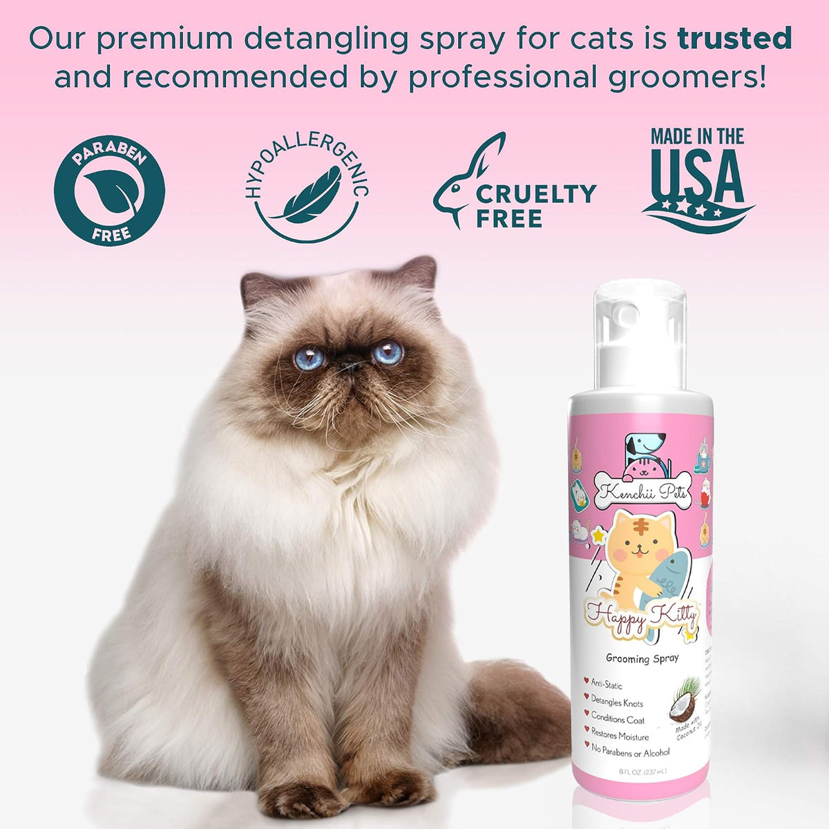 Kenchii Cat Fur Detangler Spray 8oz, All-Natural Coat Conditioner