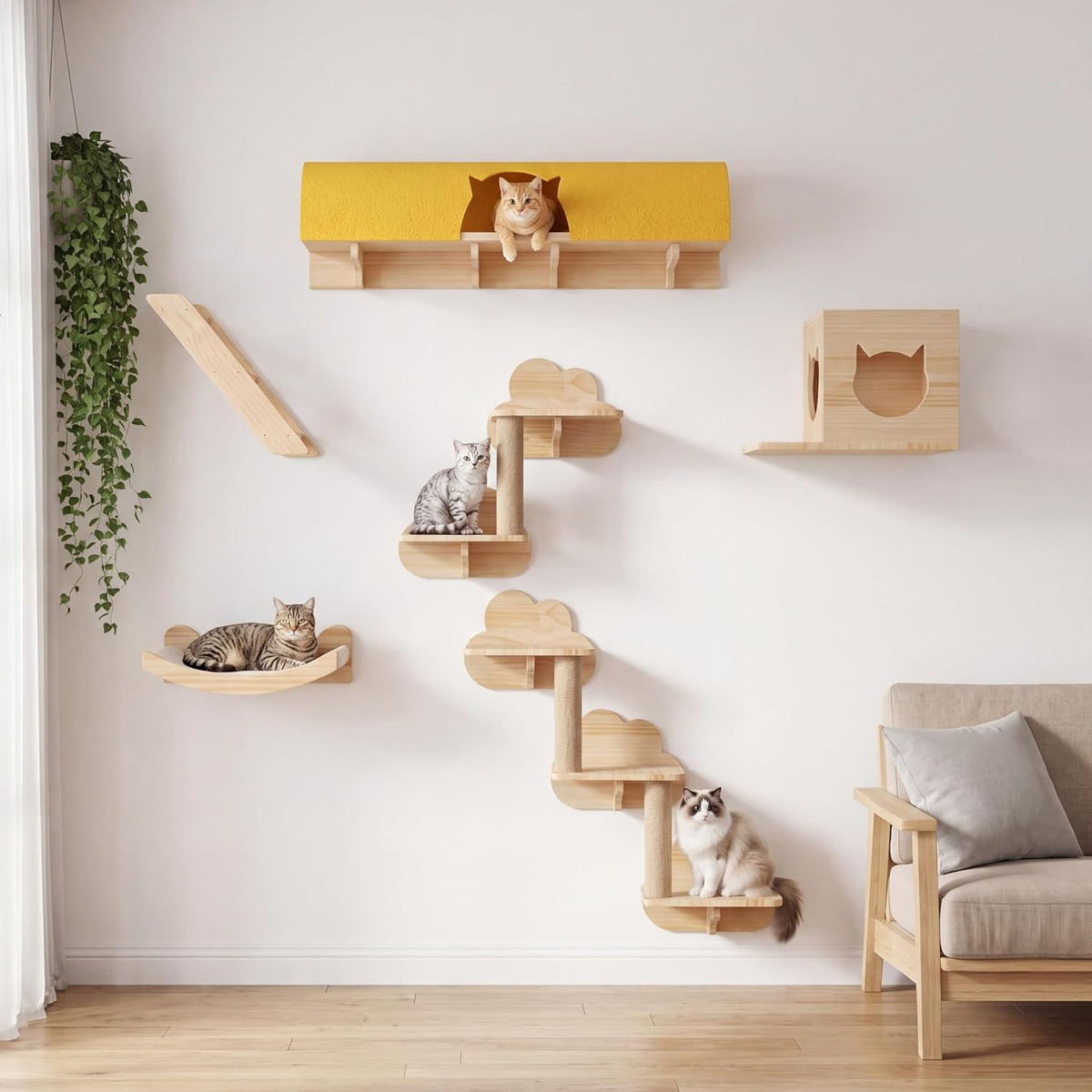 Cat Wall Shelves, 9-in-1 Wood Cat Wall Furniture Set, Burlywood