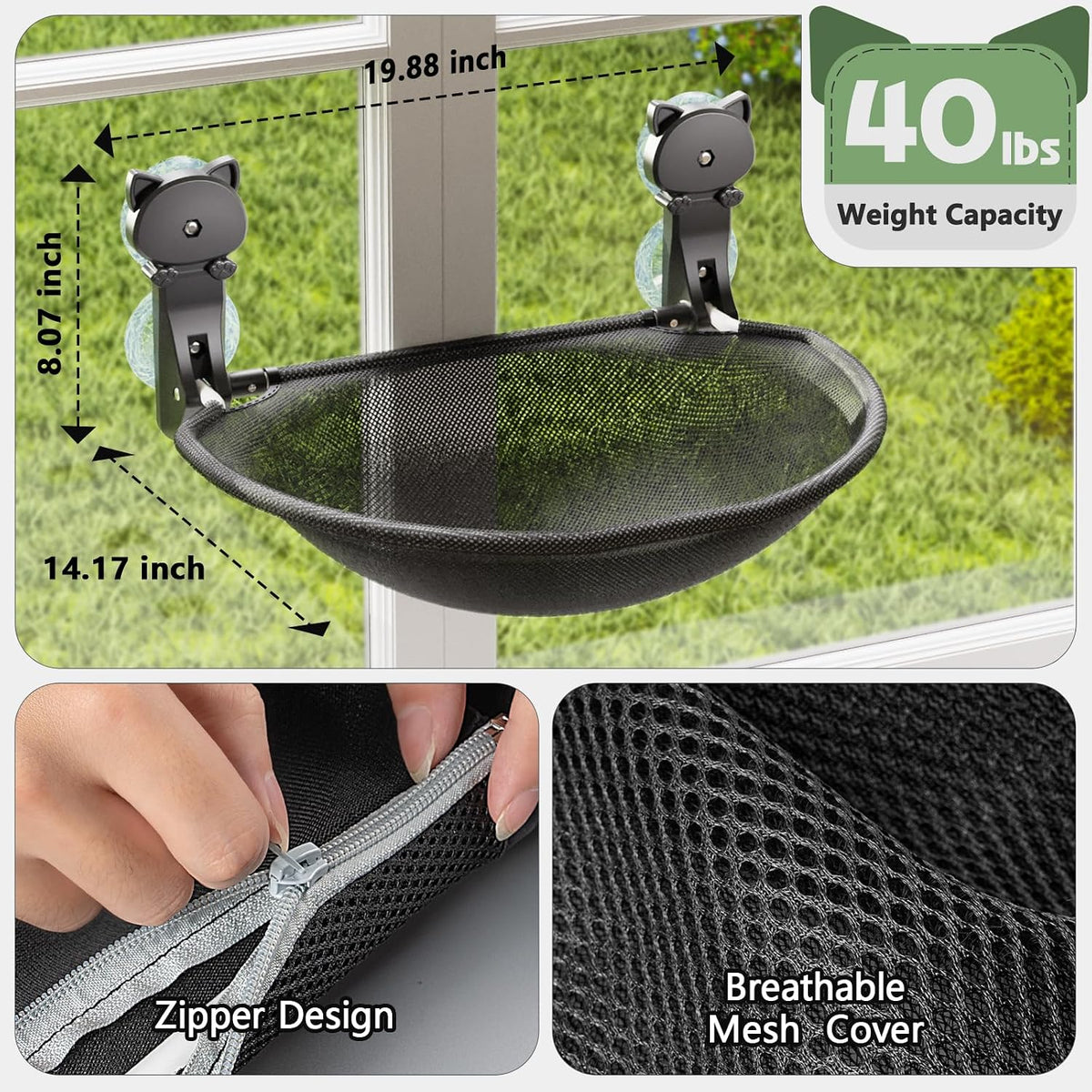 Cat Window Perch Cordless, Foldable & Stable Cat Beds- Breathable Cat Window Hammock for Overlooking, Sunbathing and Cli