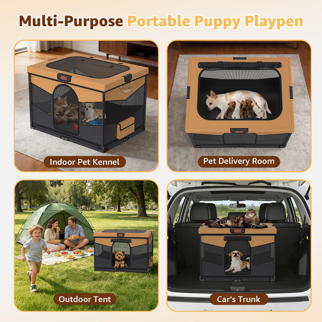 LOOBANI Dog Playpen for Small Dogs, 32"x24"x22", Foldable & Portable, Brown