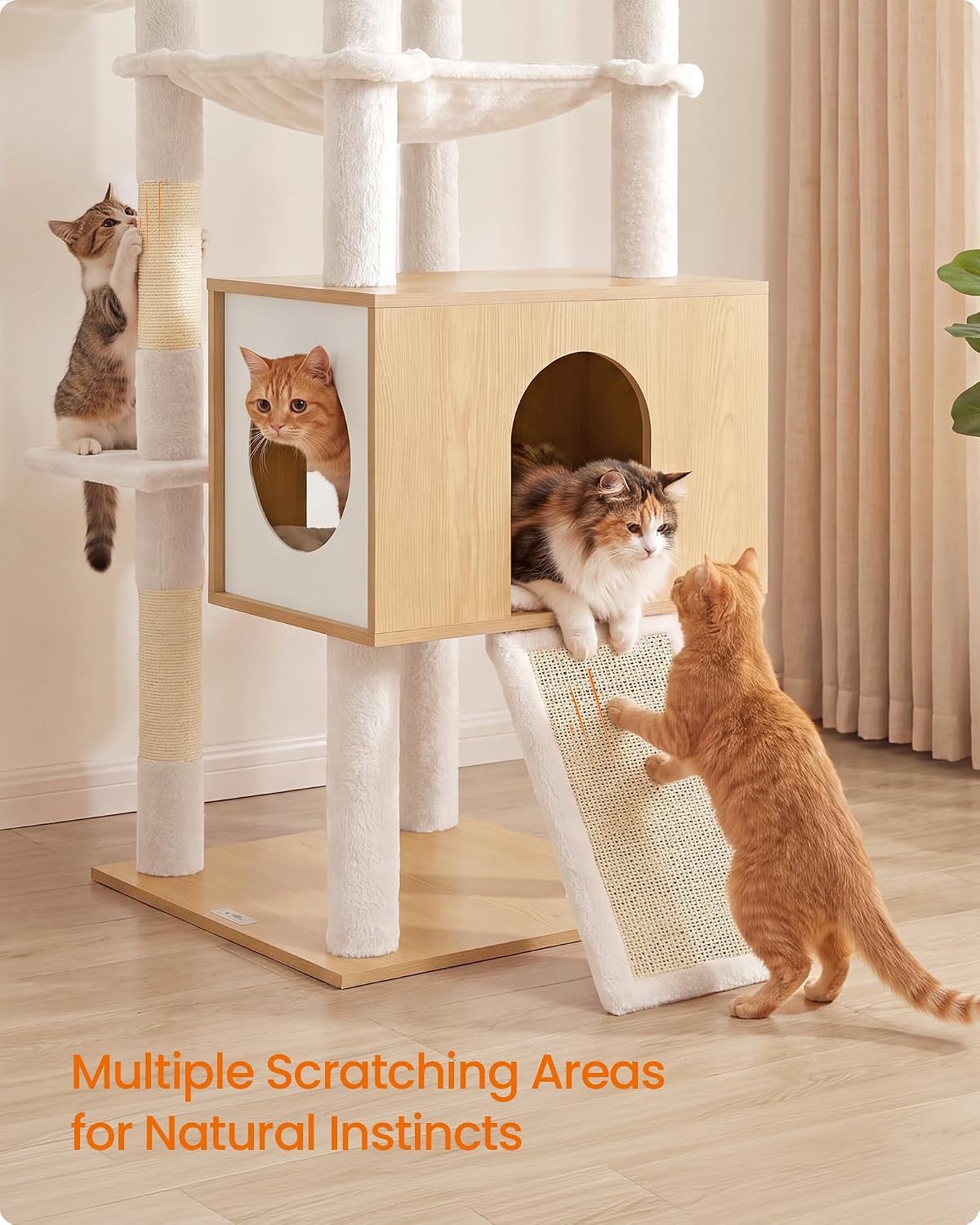 Feandrea Tall Cat Tree, 8-Tier Wood Tower with 2 Condos, Scratching Post