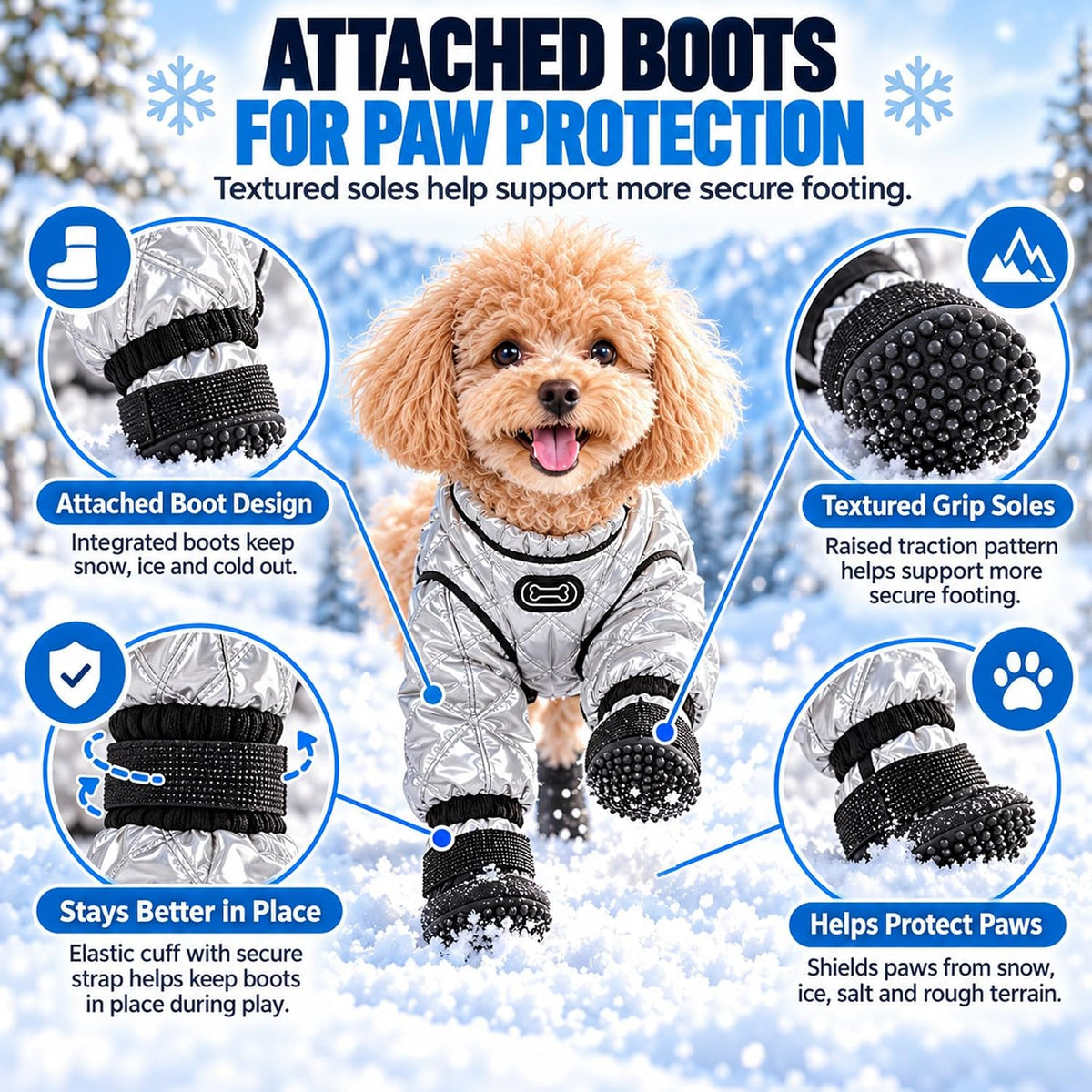 Dog Snowsuit with Attached Boots, Waterproof Winter Full Body Coat，Grey：S