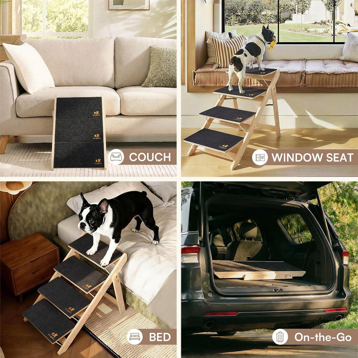 Luciphia Wooden 2-in-1 Dog Stairs, 4-Step Foldable Anti-Slip Pet Steps