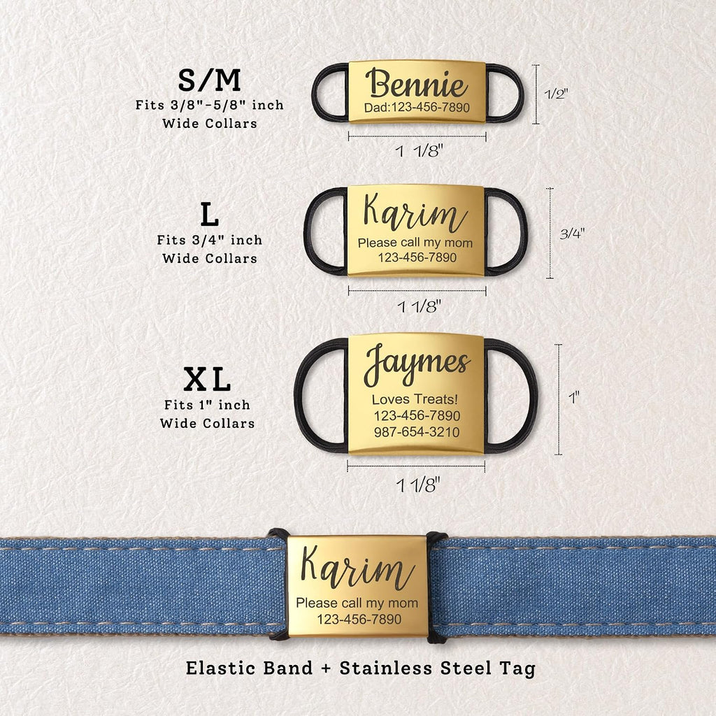 Slide On Silent Pet ID Tags, S/M/L/XL Personalized Stainless Steel Cat Dog Tag with Elastic Fabric Band, Engraved Namepl