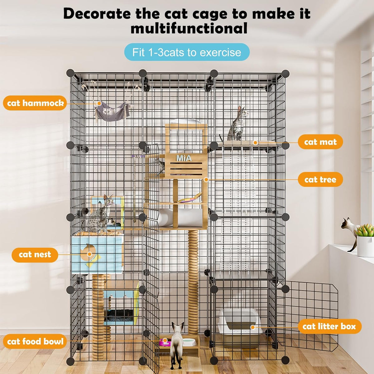 Cat Large Enclosure - DIY Catio Ideal for 1-3 Cats, Indoor & Outdoor, Detachable Metal Wire Kennel, 2x3x4 Exercise Place