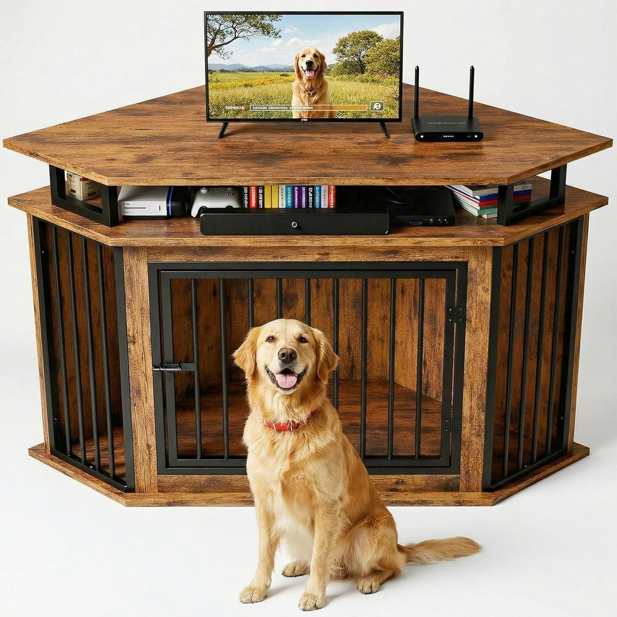 IRONCK 43.3" Corner Dog Crate Furniture with 2-Tier Shelves Rustic Brown