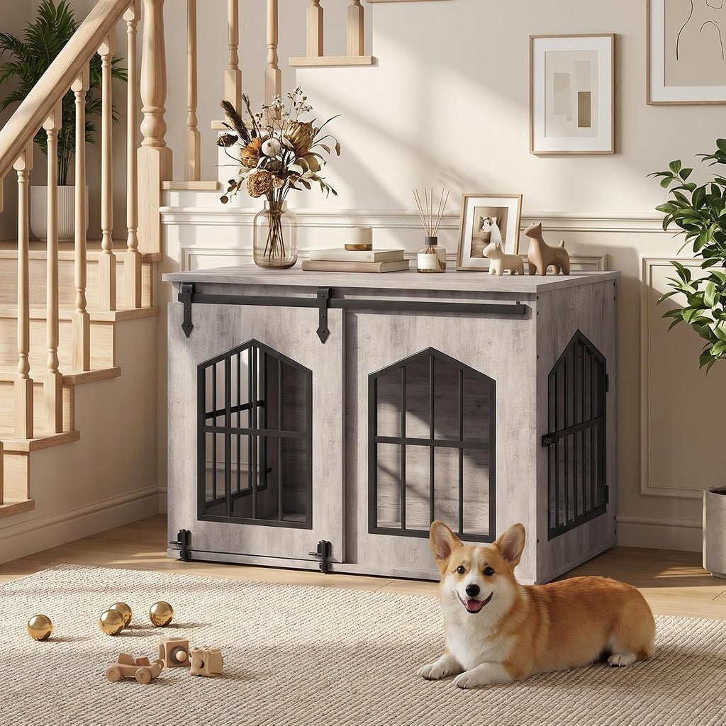 MAHANCRIS Dog Crate Furniture, 31.5" Farmhouse Dog Kennel with Sliding Barn Door, Wooden Dog Cage for Small Medium Dogs,