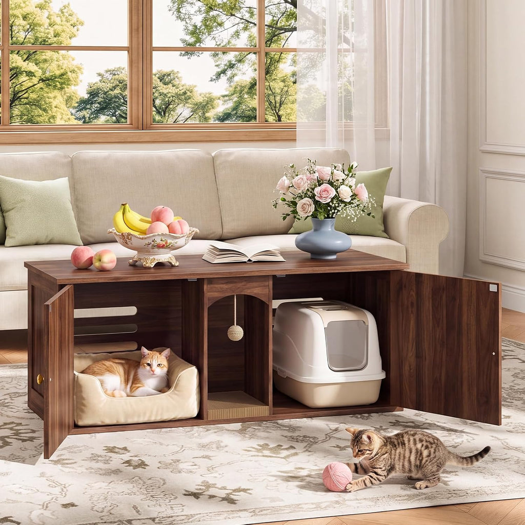 CHOEZON 47.2'' Cat Litter Box Enclosure for 2 Cats with Scratch Pad, Walnut