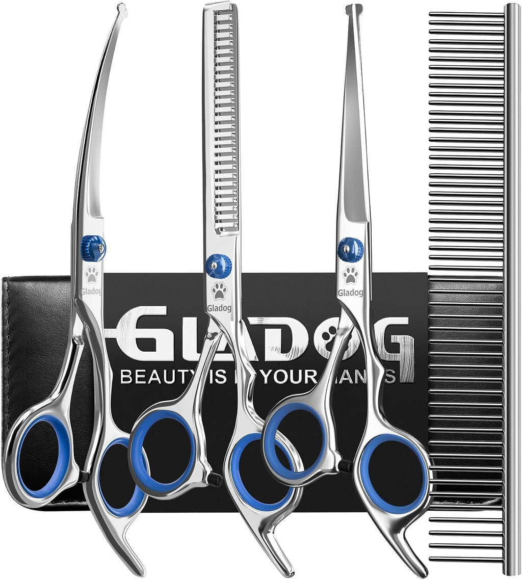 Professional 5 in 1 Dog Grooming Scissors Set with Safety Round Tips, Sharp and Heavy-duty Pet Grooming Shears for Cats