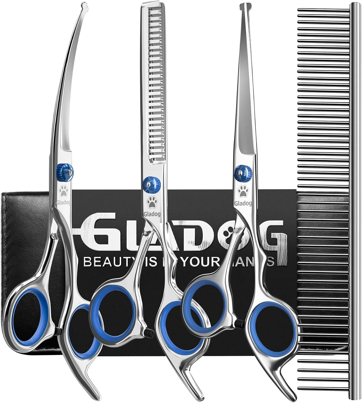 Professional 5 in 1 Dog Grooming Scissors Set with Safety Round Tips, Sharp and Heavy-duty Pet Grooming Shears for Cats