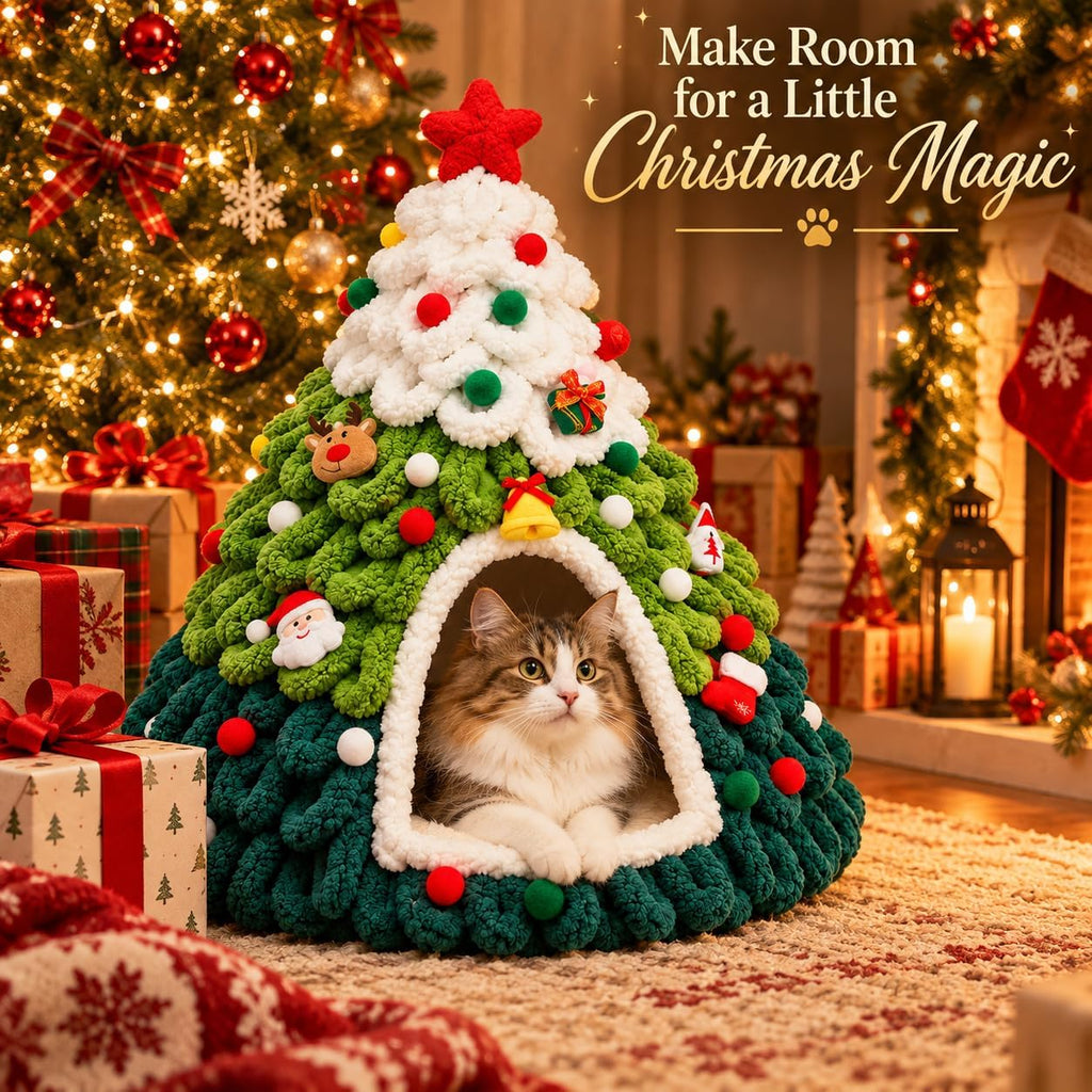 Christmas Tree Cat Bed, Cozy Holiday Cat Cave for Indoor Cats, 3D Christmas Cat House with Semi-Enclosed Hideaway, Folda