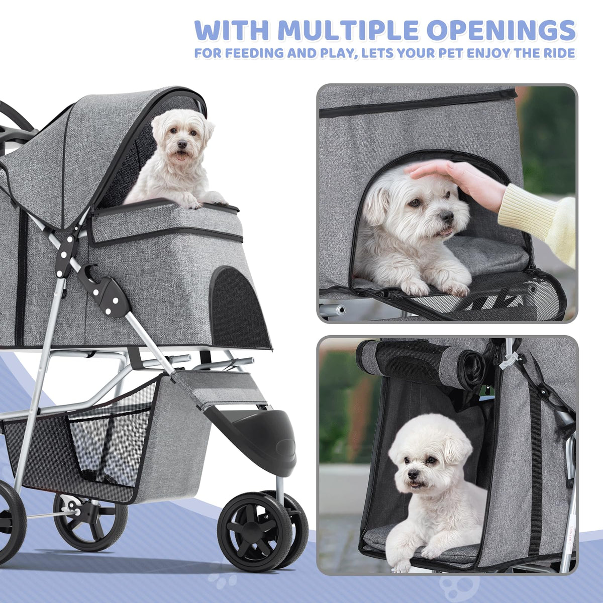 Magshion 3-Wheel Pet Stroller for Small/Medium Dogs Cats, Up to 33lbs, Gray