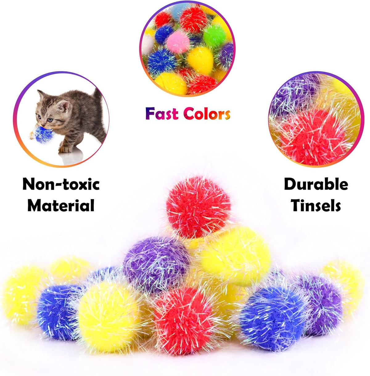30 Pieces 1.2 inches Sparkle Pom Pom Balls for Cat - Interactive Glitter Balls, Multicolor, Best as Kitten Play Toys