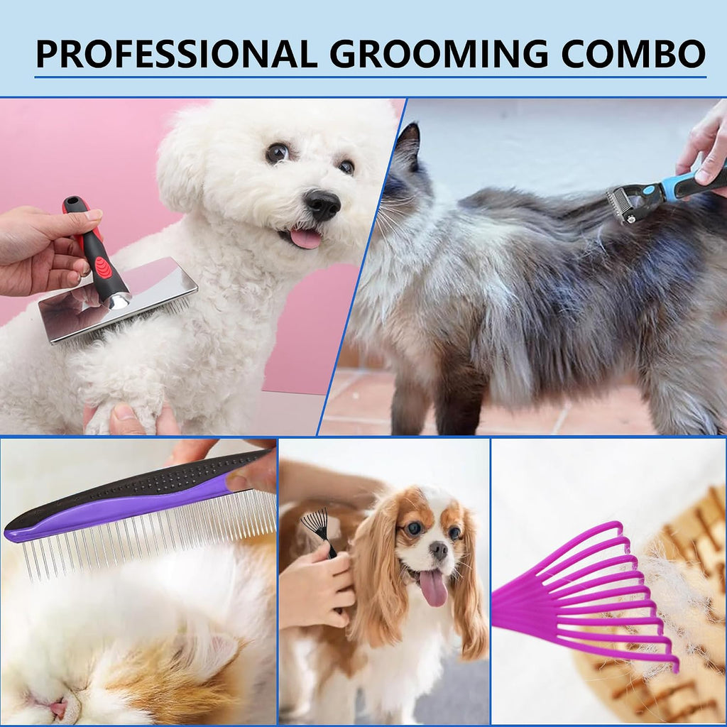 5-in-1 Dog & Cat Extra Long Pin Grooming Kit Slicker Brush for Large Dogs Cats Remove Loose Fur, Undercoat Brush for She