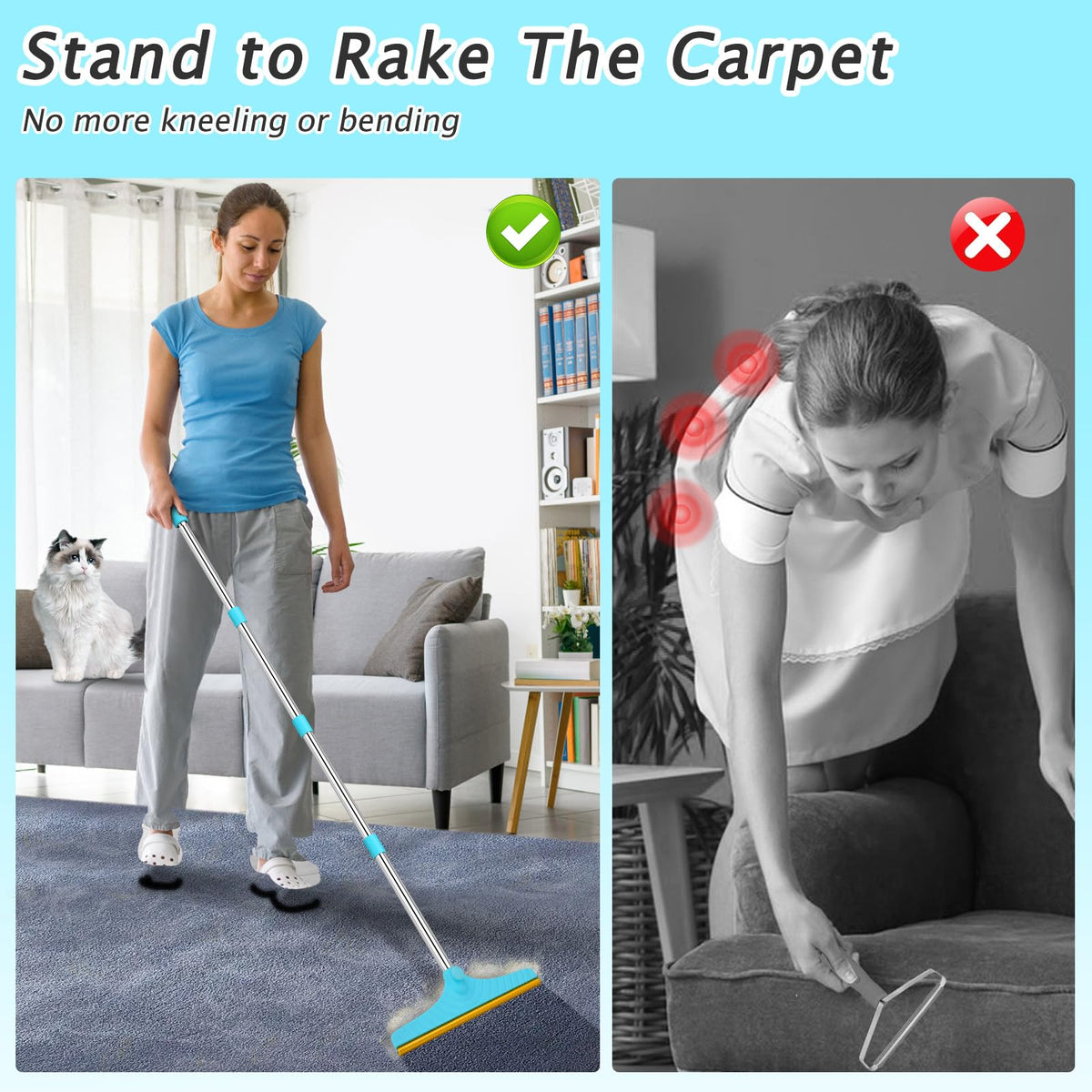Eaersan Carpet Rake for Pet Hair Removal, Dog Cat Hair Remover 60'' Blue