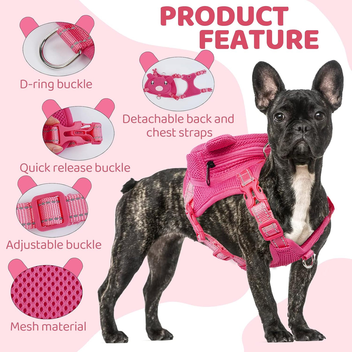 Dog Harness with Backpack, Adjustable Dog Backpack Harness for Small Medium Dogs, No-Pull Breathable Backpacks for Dogs 