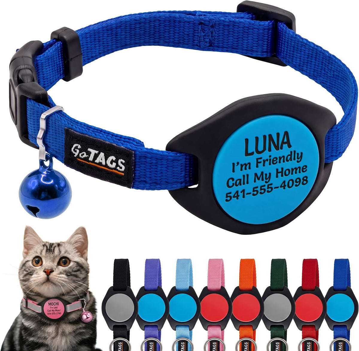 GoTags AirTag Cat Collar Personalized, Reflective Collar with AirTag Holder