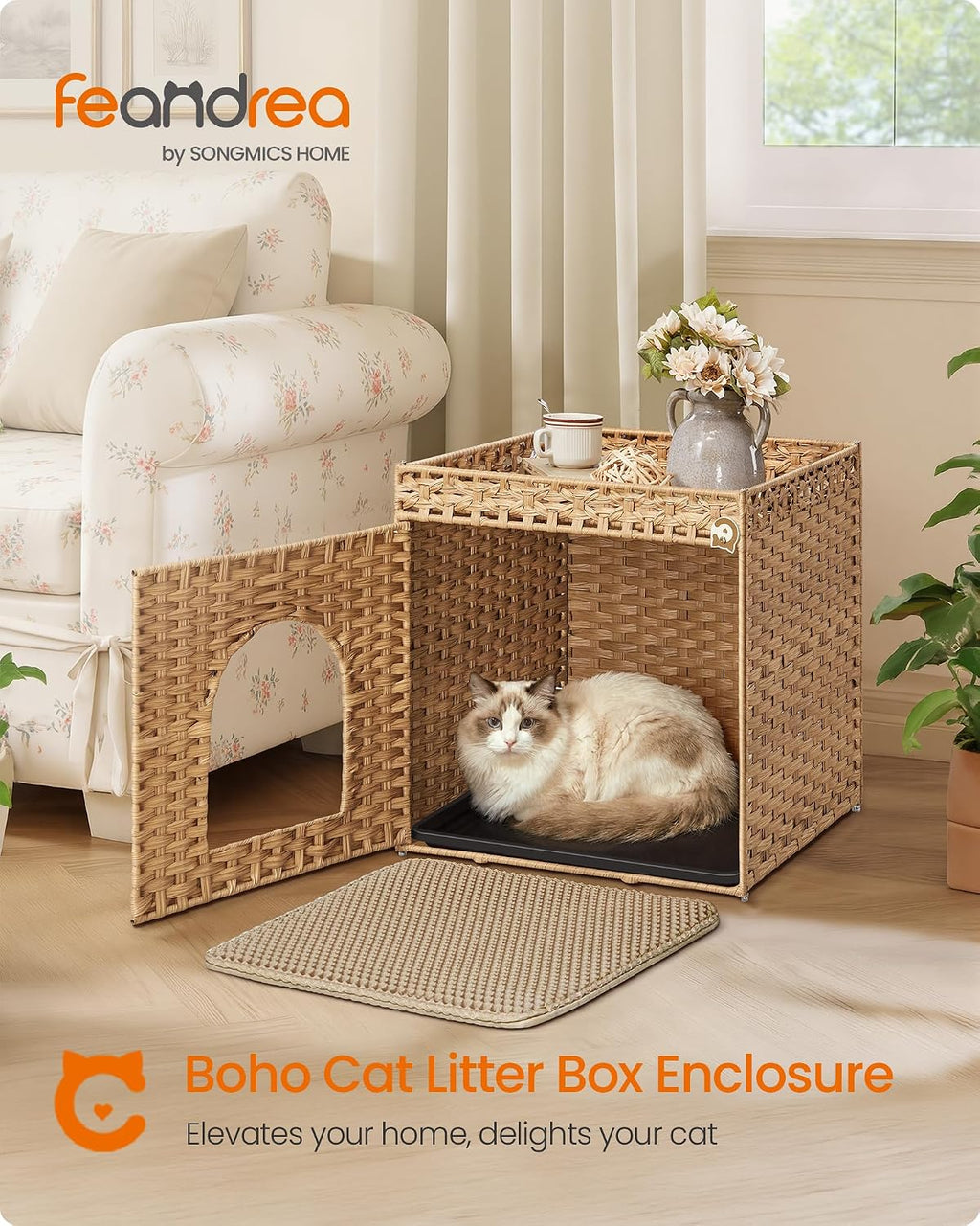 Feandrea Cat Litter Box Enclosure, Handwoven Rattan End Table, Extra Mat
