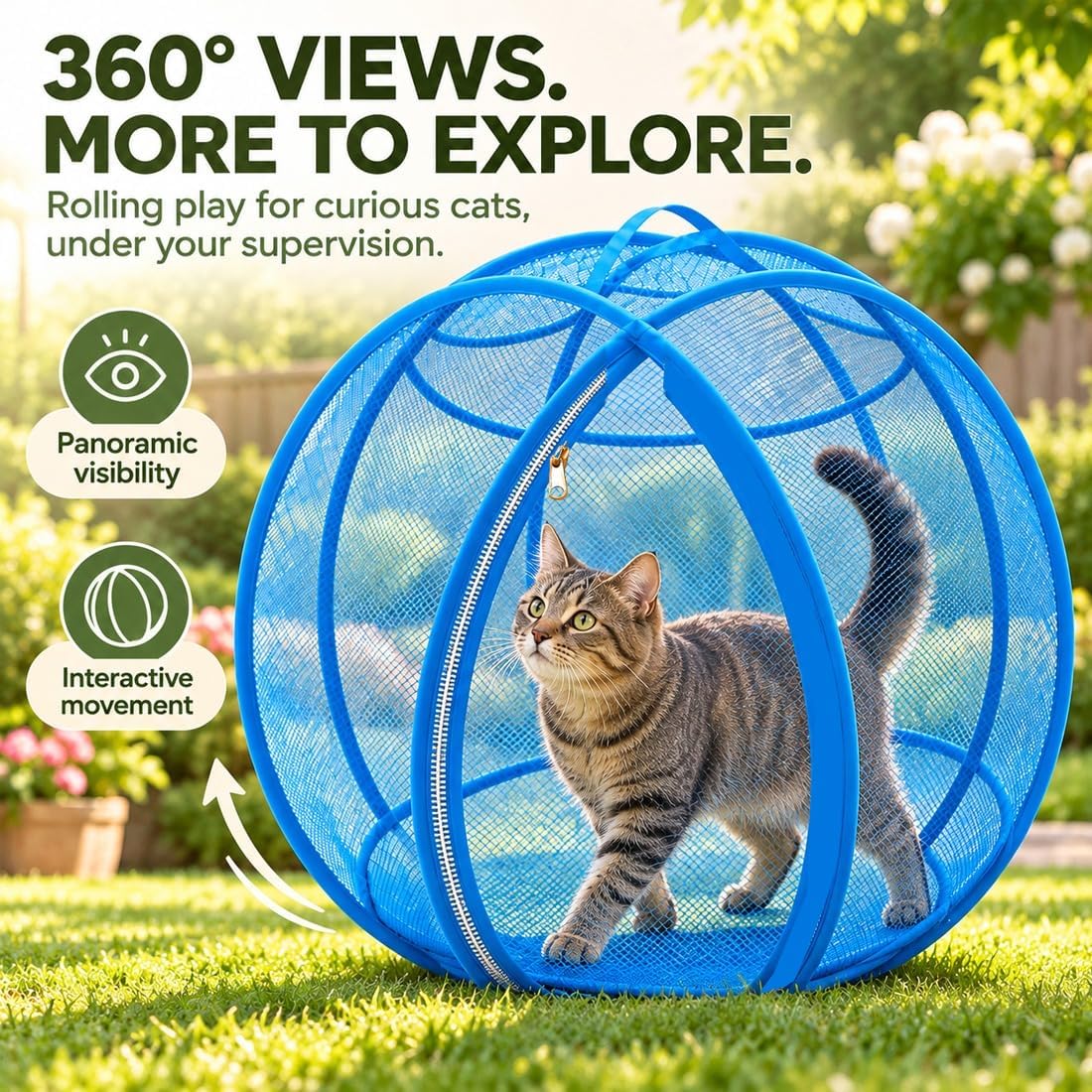 360° Panoramic Pop-Up Rolling Cat Playpen Ball, 27" Hamster Ball for Cats