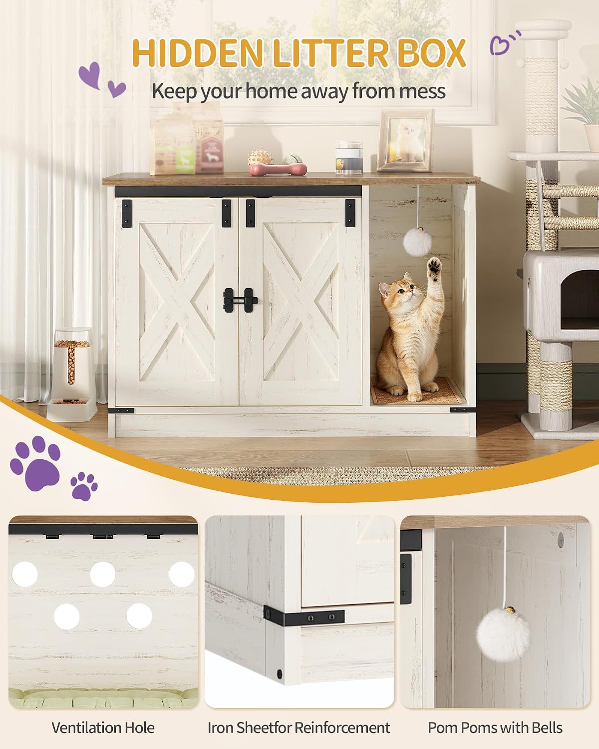 Hzuaneri Cat Litter Box Enclosure, Hidden Litter Box Cabinet Furniture