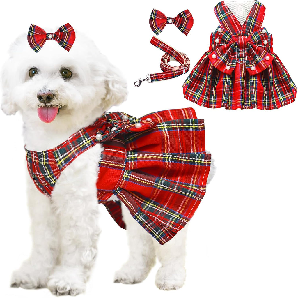 Dog Dress Bowknot Harness Leash Set for Small Dogs Girl Cute Plaid Dog Dress Pearls Bow Tie Spring Summer Princess Cloth