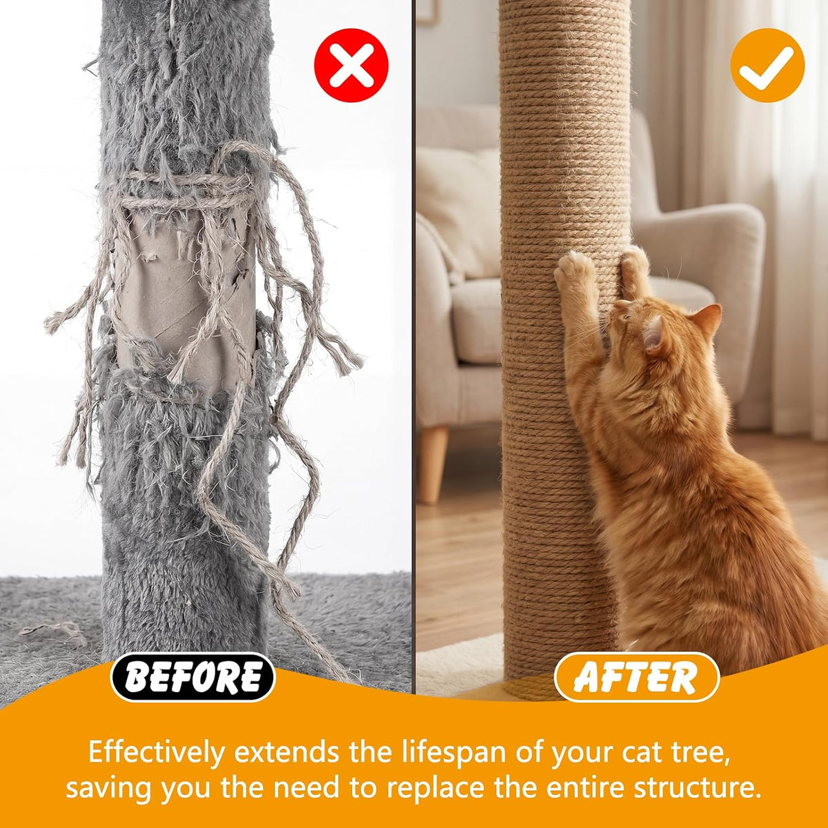 Natural Sisal Rope for Cat Scratcher Post, 5/16" x 60 Ft Twine for Cat Tree