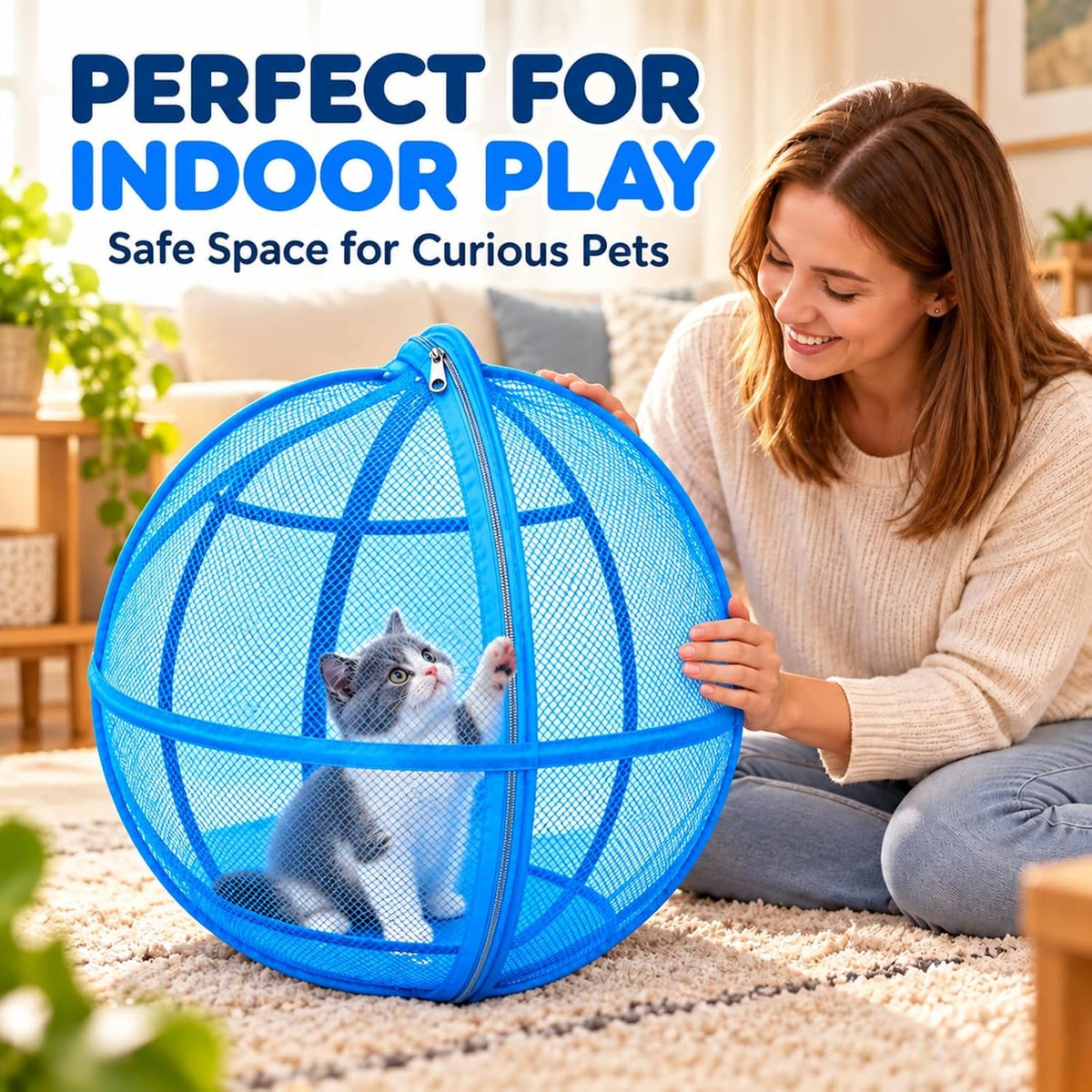 Rolling Cat Playpen, 26.77 Inch Mesh Hamster Ball for Cats, Single Zipper