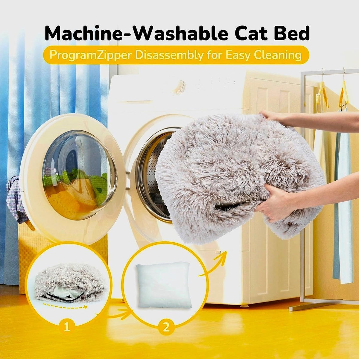 Cat Bed, Cat Cave for Indoor Cats, Soft Cat Dome, Self-Warming 2 in 1 Foldable Pet Cat House with Washable Cushioned Pil
