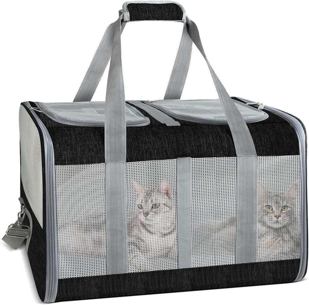 Soft-Sided Cat Carrier for 2 Cats, Gray, Breathable Mesh Design, Airline Approved Travel Bag for Small to Large Cats, Ex