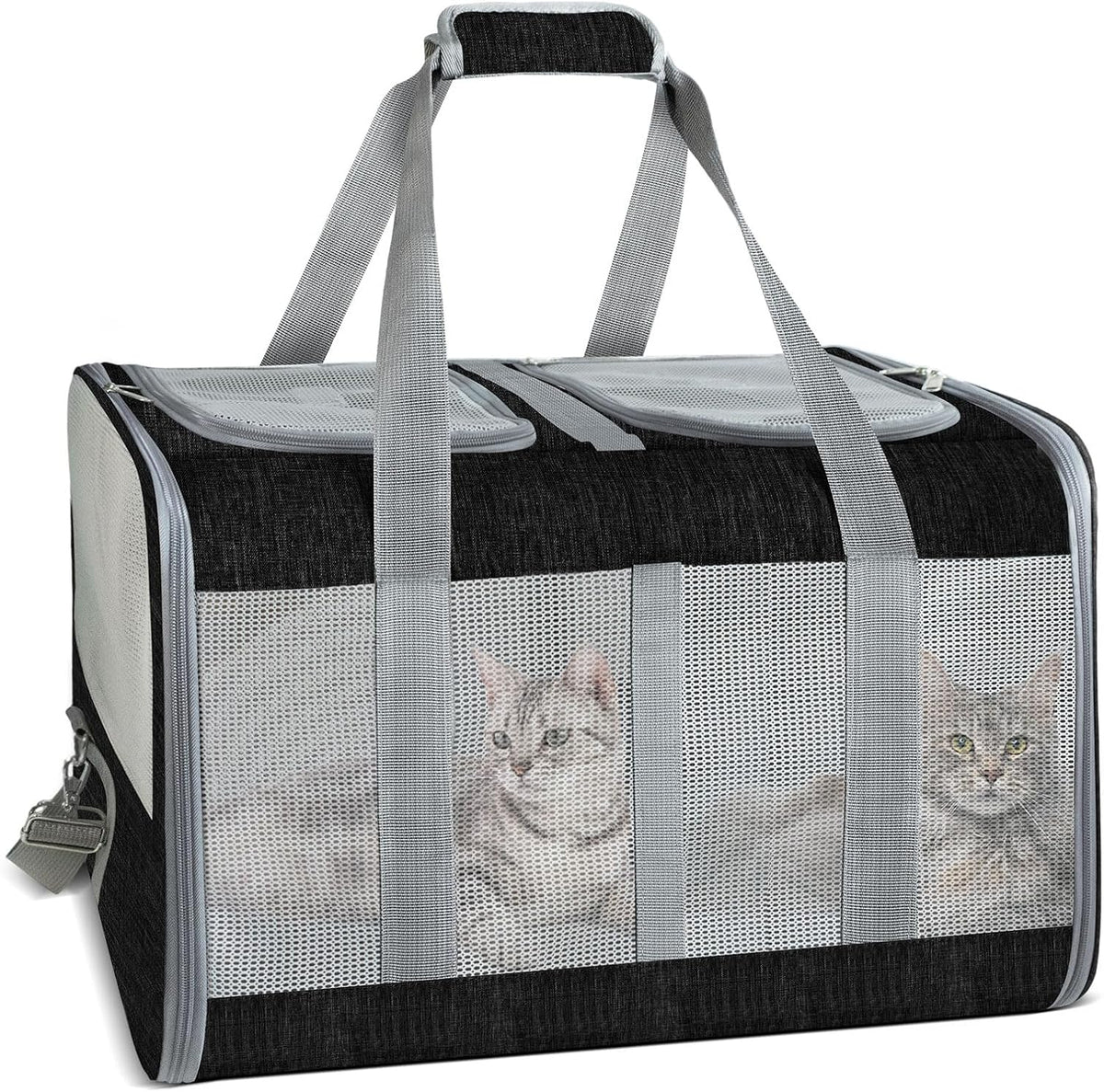 Soft-Sided Cat Carrier for 2 Cats, Gray, Breathable Mesh Design, Airline Approved Travel Bag for Small to Large Cats, Ex