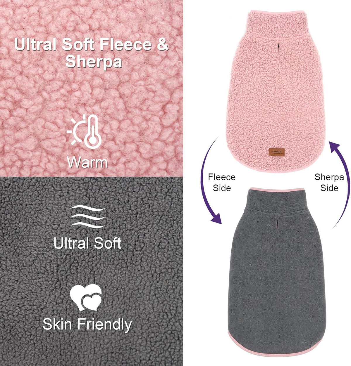 Sherpa Dog Coat Reversible Dog Jackets for Small Dogs, Pink, M