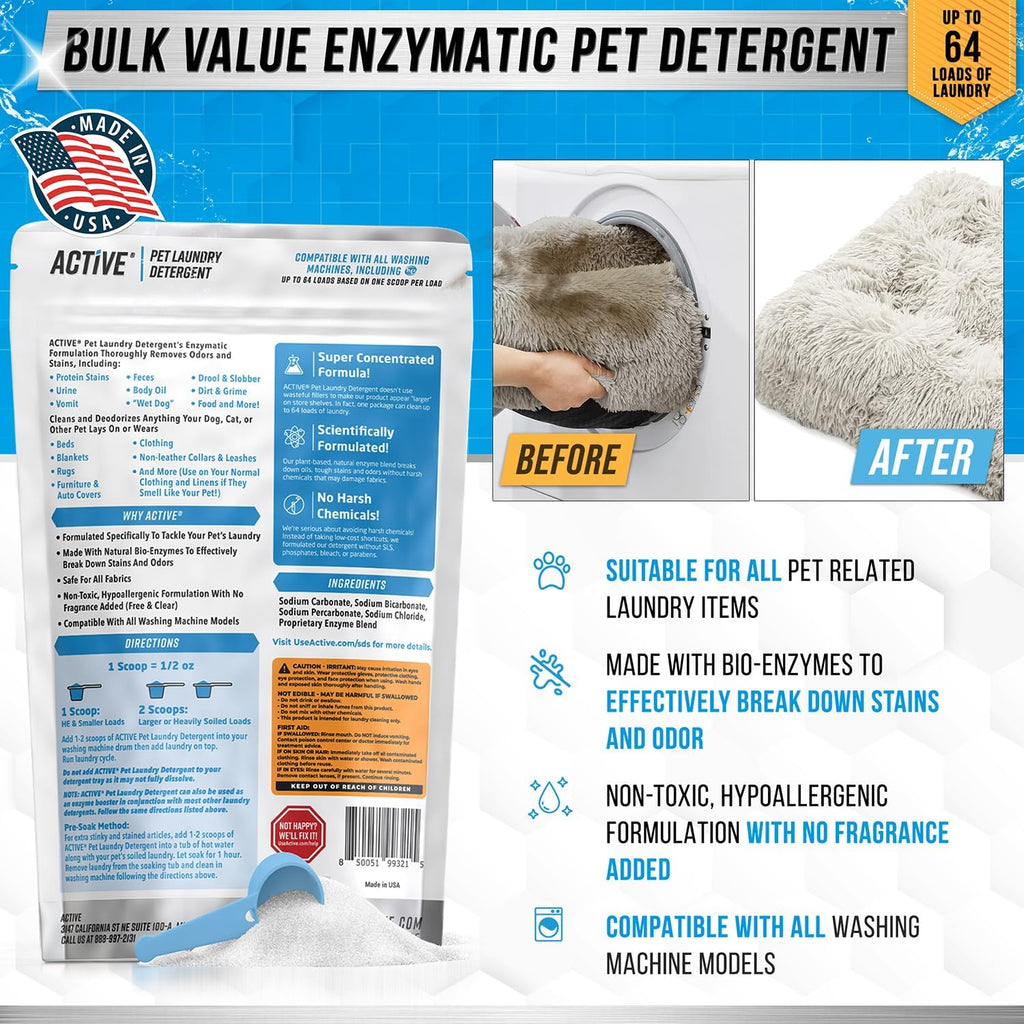 Pet Laundry Detergent Odor Remover - ACTIVE Enzyme Based Powder Detergent for Dogs Beds, Cat Pee, HE Washer Friendly Nat