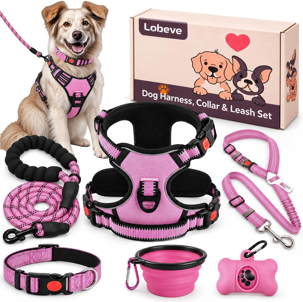 LOBEVE No Pull Dog Harness, Collar & Leash Set with Travel Accessories