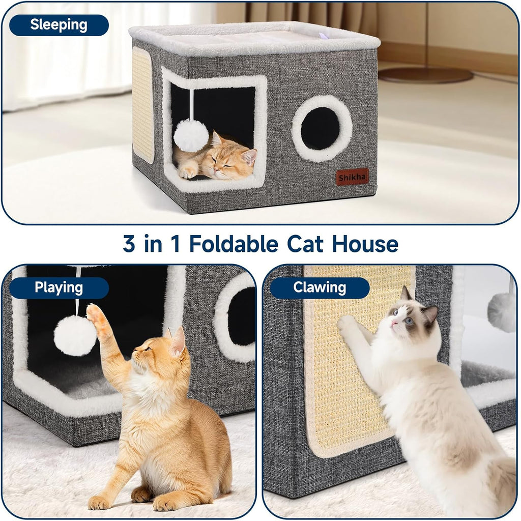 Shikha Cat House Bed for Indoor Cats with Fluffy Ball and Scratch Pad Grey