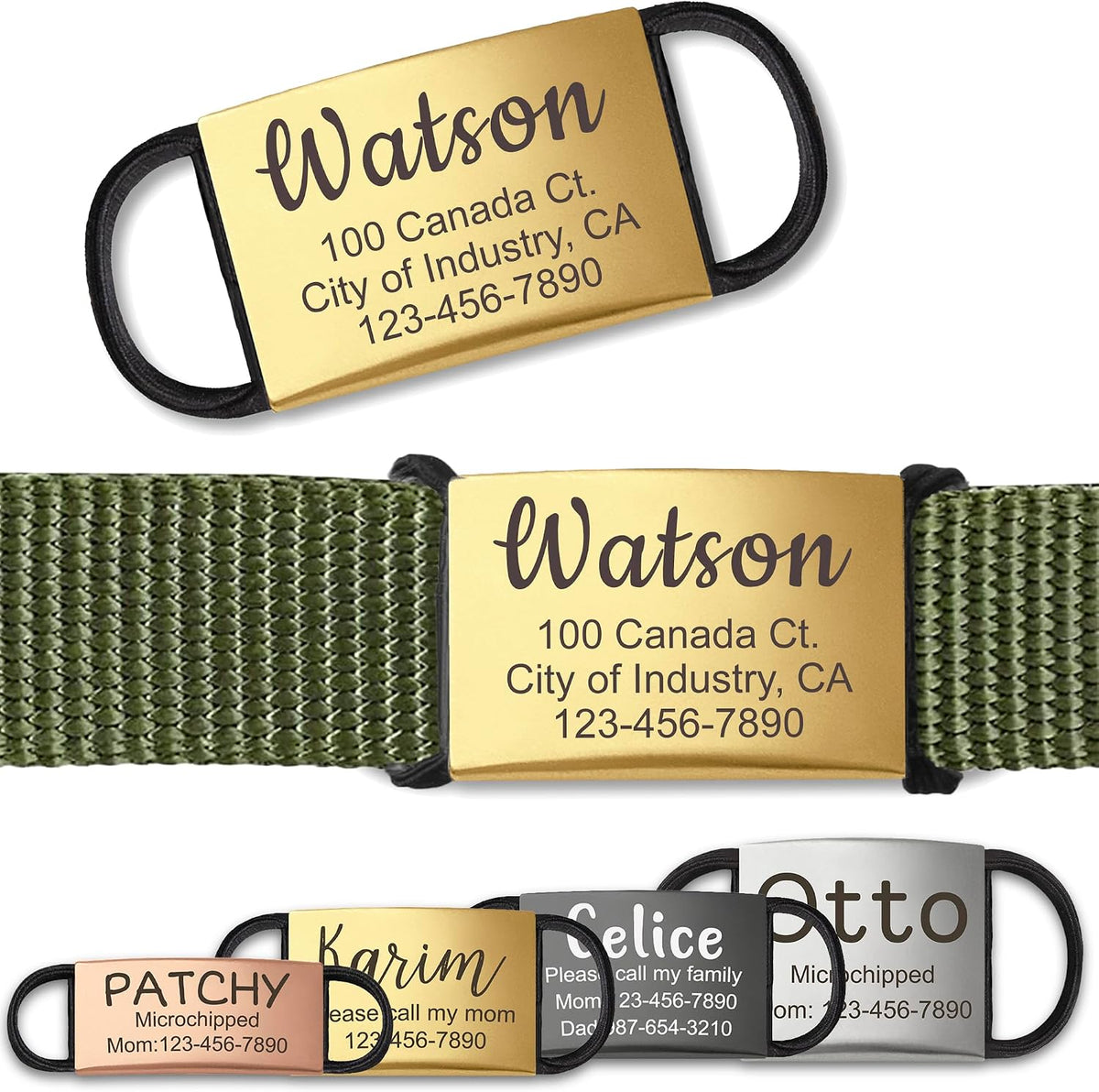 Slide On Silent Pet ID Tags, S/M/L/XL Personalized Stainless Steel Cat Dog Tag with Elastic Fabric Band, Engraved Namepl