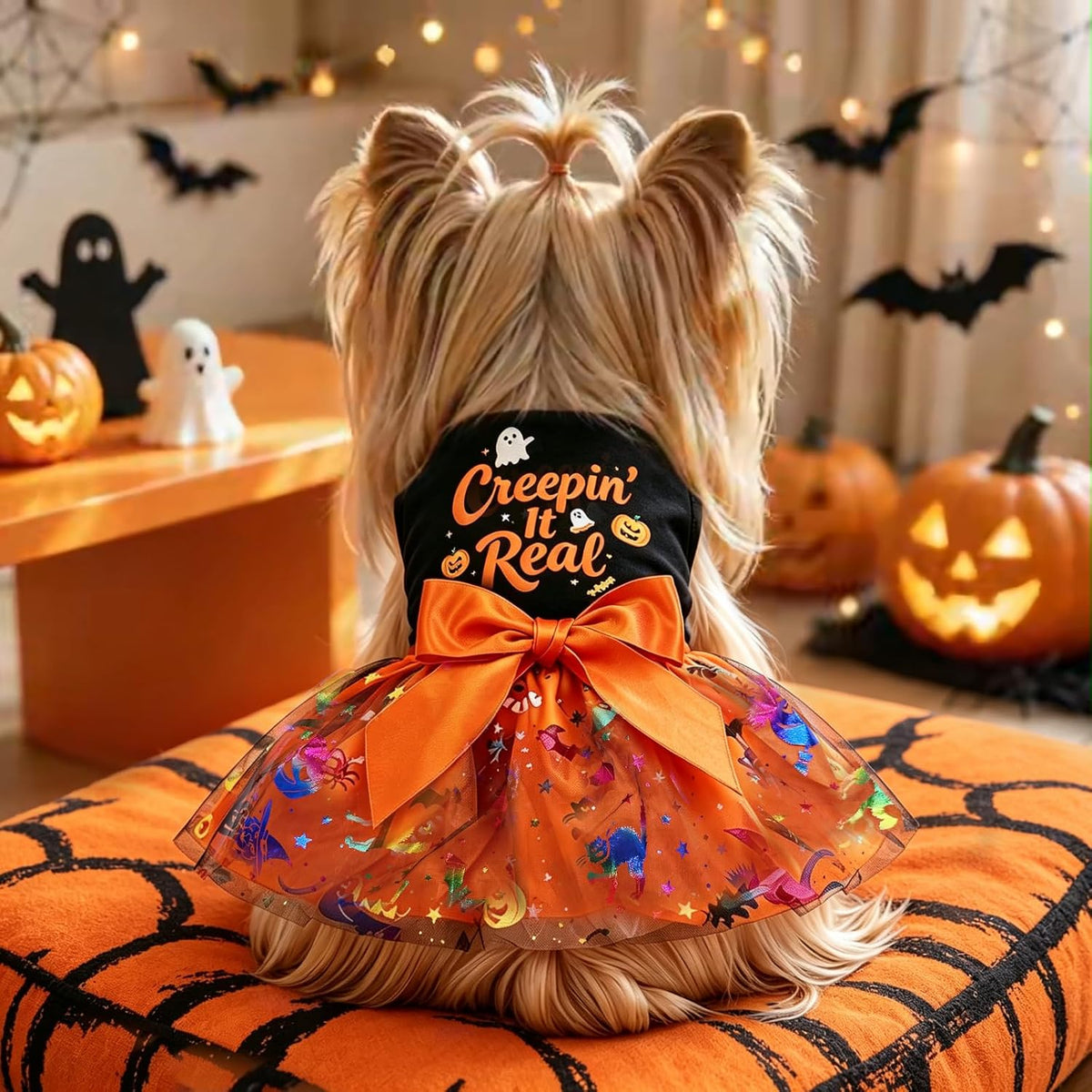 Dog Halloween Costumes Creepin’ It Real Halloween Puppy Dress Holiday Funny Dog Skirt Glitter Pet Clothes Cat Apparel wi