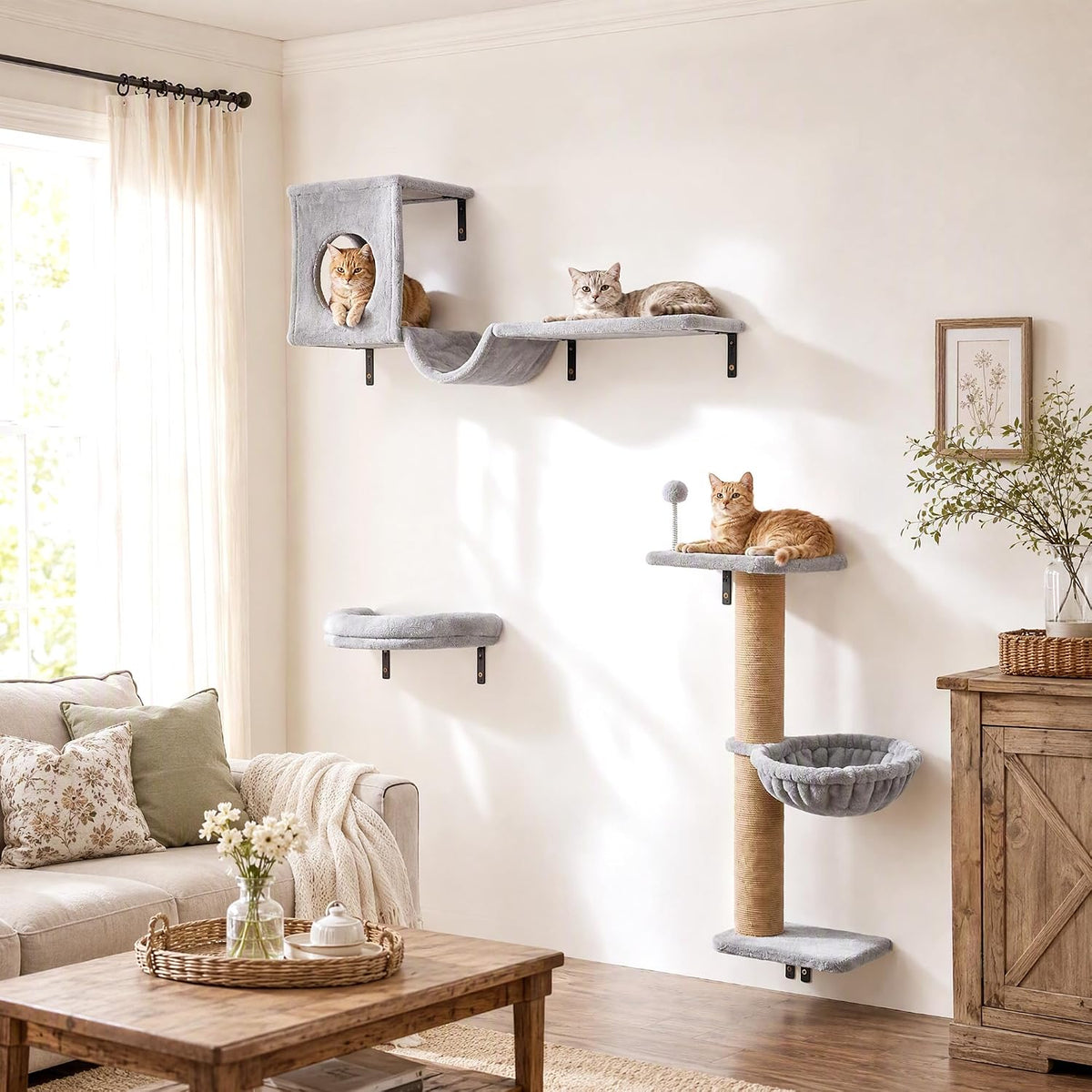 PawHut 3-in-1 Cat Wall Shelves, Wooden Cat Climbing Furniture, Gray