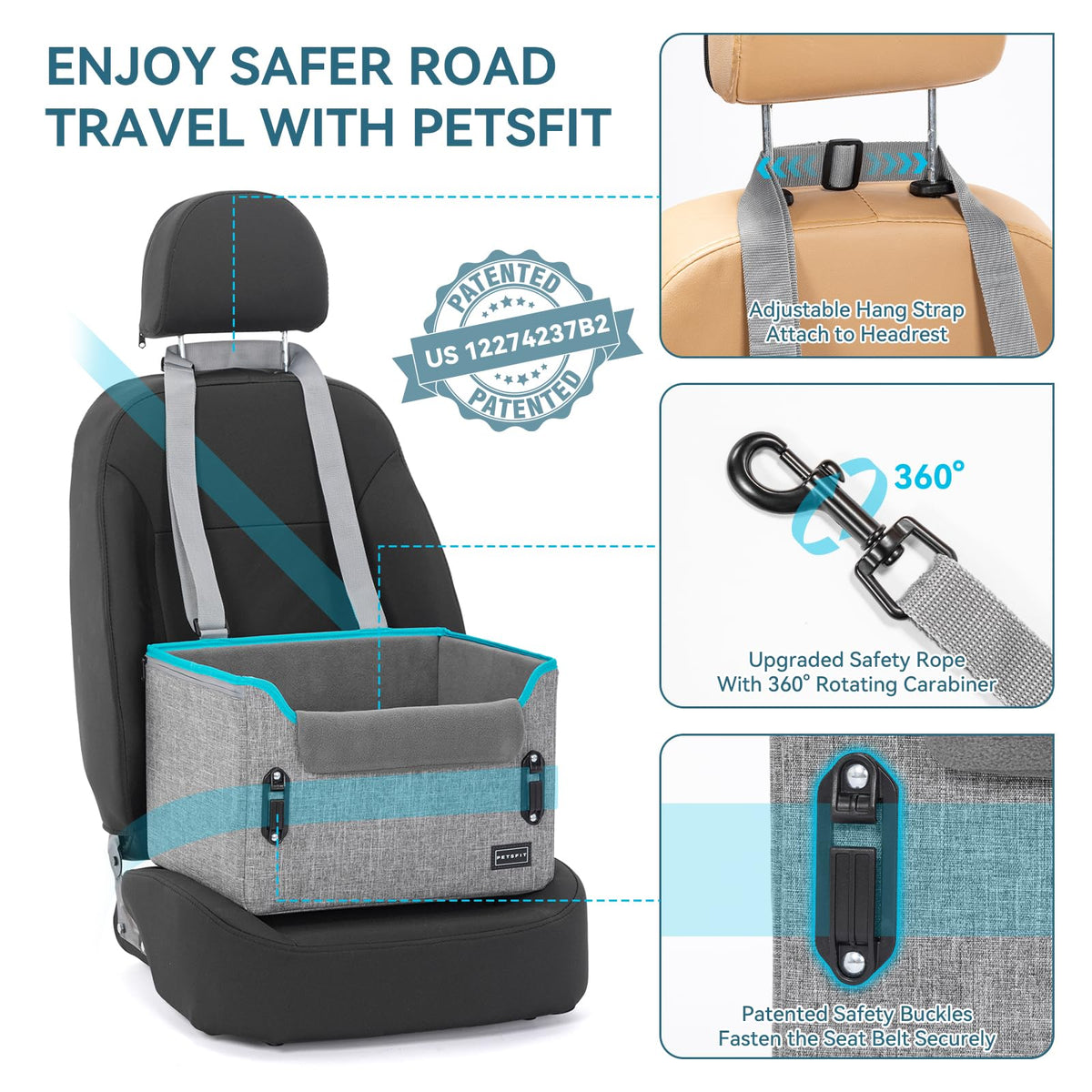 PETSFIT Dog Car Seats for Small Dogs – Patented Safety Buckles – Safety Tether – Foldable Travel Dog Booster Car Seat Reduces Anxiety & Road Trips – Stable Frame, Soft Cushion, Fits Front/Back Seat