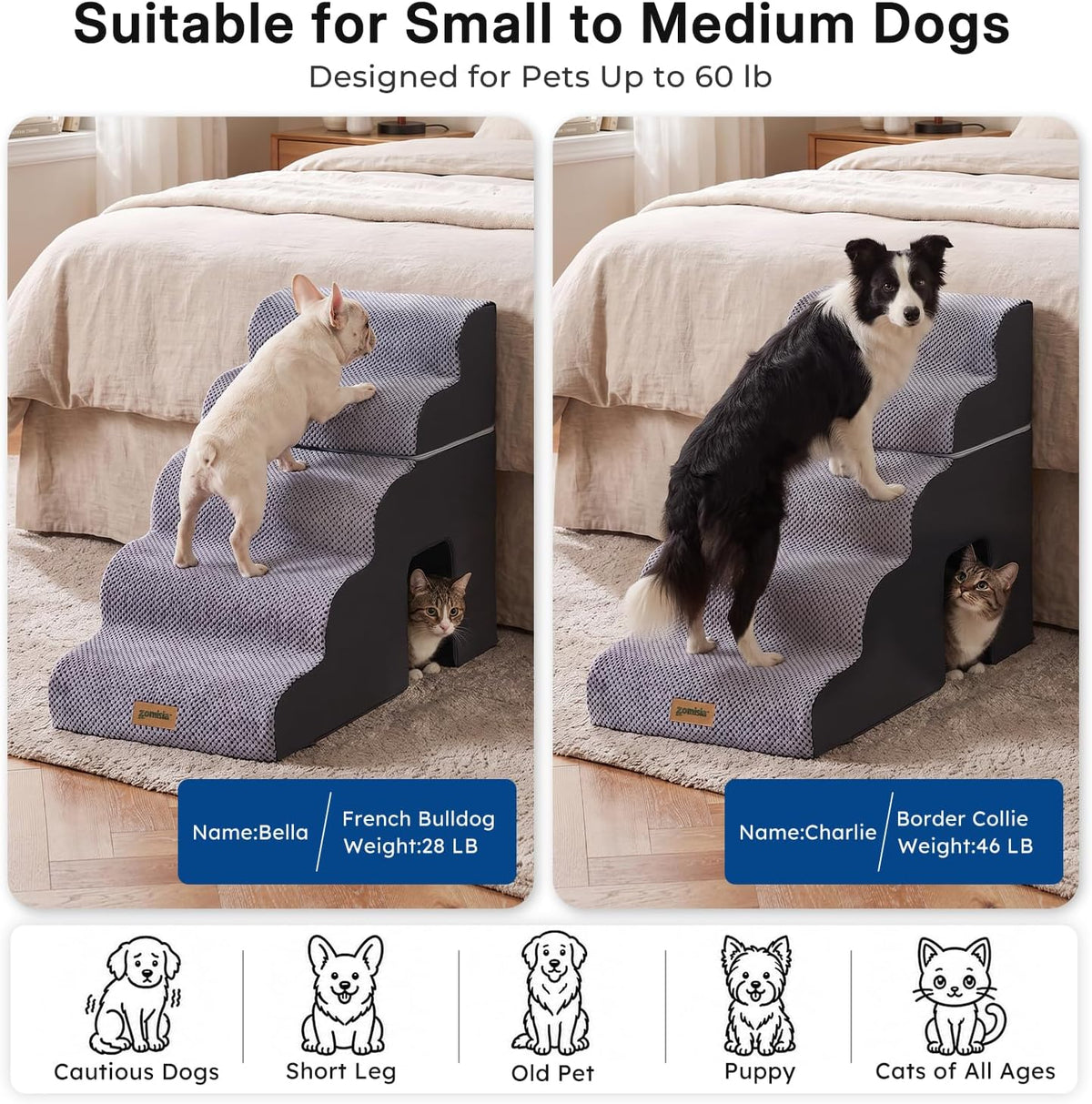 Dog Ramp for Large Dogs with Tunnel, 24" H 5 Steps for High Bed