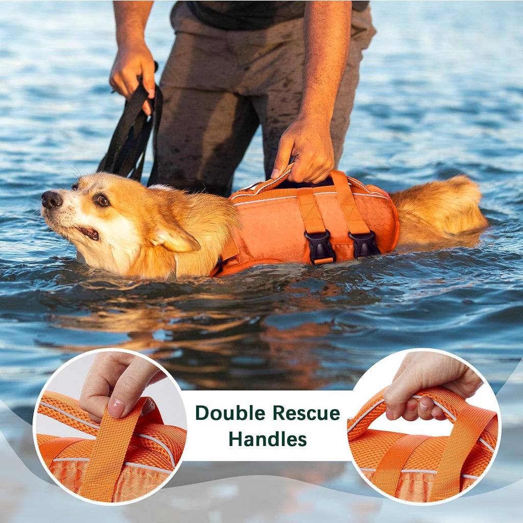 Kuoser Dog Life Jacket, High Flotation Reflective Dog Life Vest, Orange, L