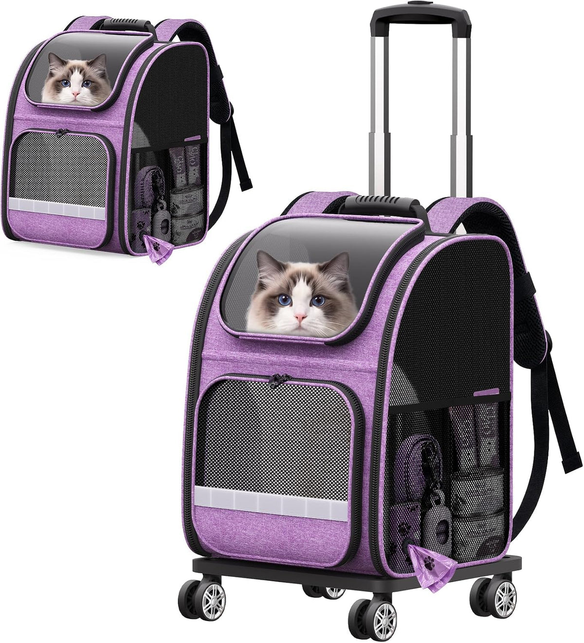 Rolling Cat Carrier Backpack with Wheels for Cats Small Dogs, Gray