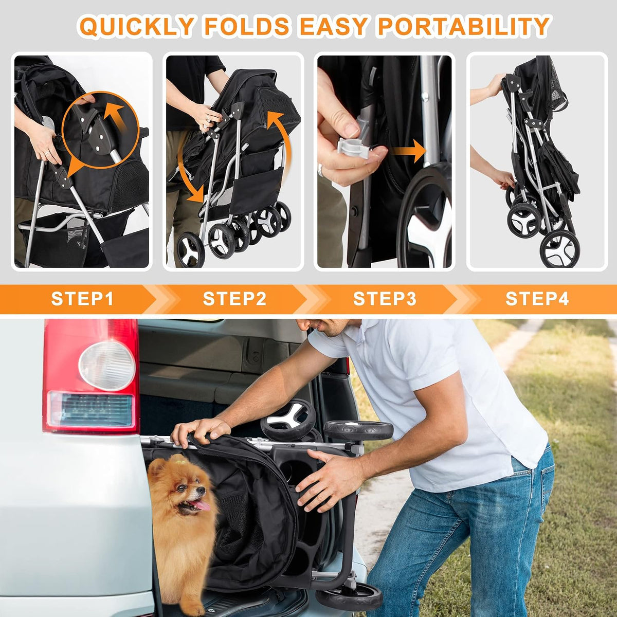 4 Wheels Pet Stroller Dog Cat Stroller for Small Medium Dog Cats Foldable Carrier Jogger Travel Puppy with Storage Baske