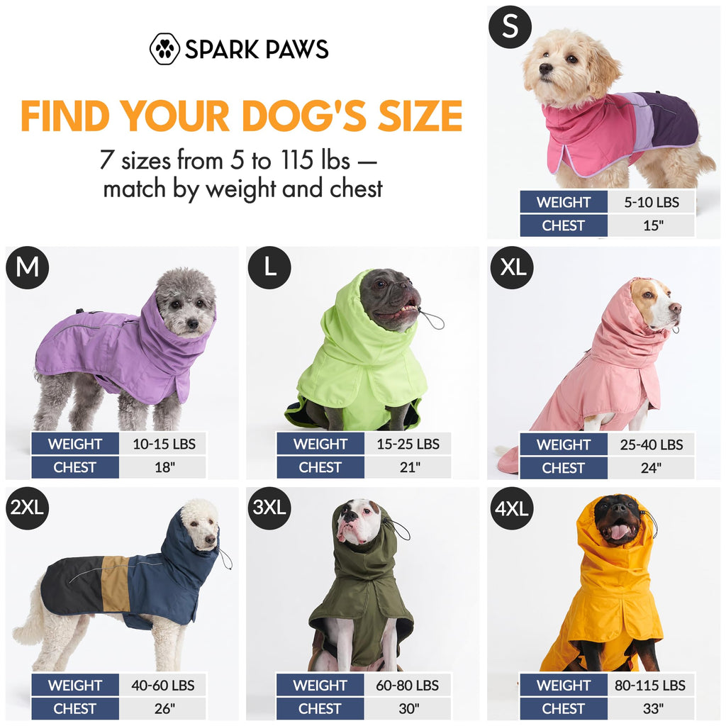 Spark Paws Dog Raincoat - Waterproof Rain Jacket w/Hood, Full Coverage