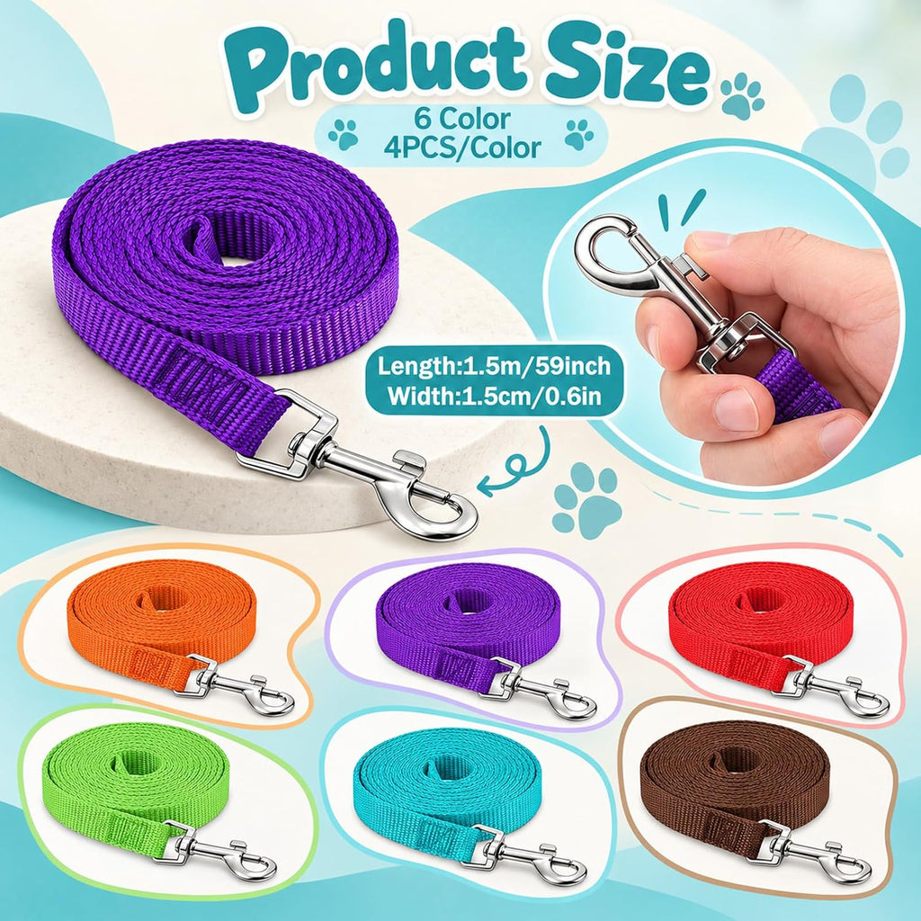 24 Pack Dog Leash Bulk 5 ft, Nylon Dog Training Leashes