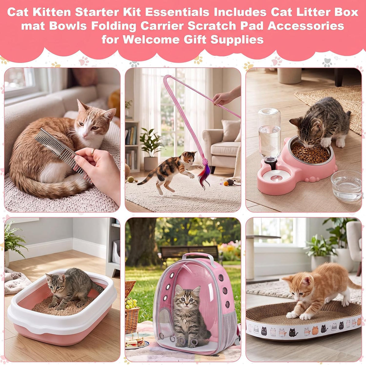 8 Pcs Kitten Supplies Starter Kit Cat Starter, Backpack, Pink-1