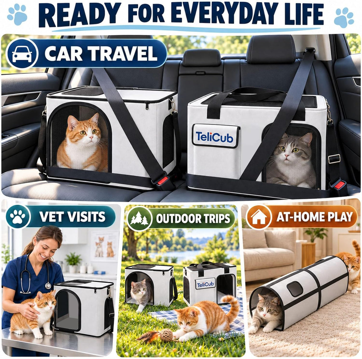 2-Pack Cat Carriers for Travel, Cat House with Scratcher & Tunnel